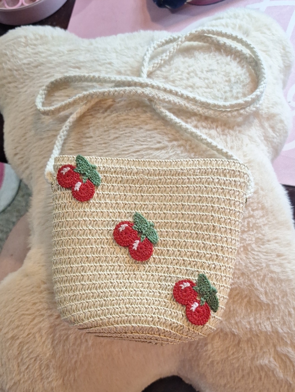 Mini Straw Crossbody Bag with Red Cherry Embroidery